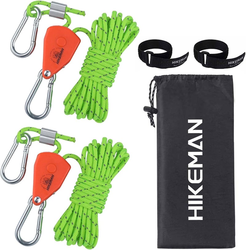 HIKEMAN Camping Rope with Ratchet Pulley,Quick Setup Outdoor Guy Lines Adjustable Tent Tie Downs Rope Hanger for Canopy,Kayak and Canoe,Grow Light (Fluorescent Green) - Image 1